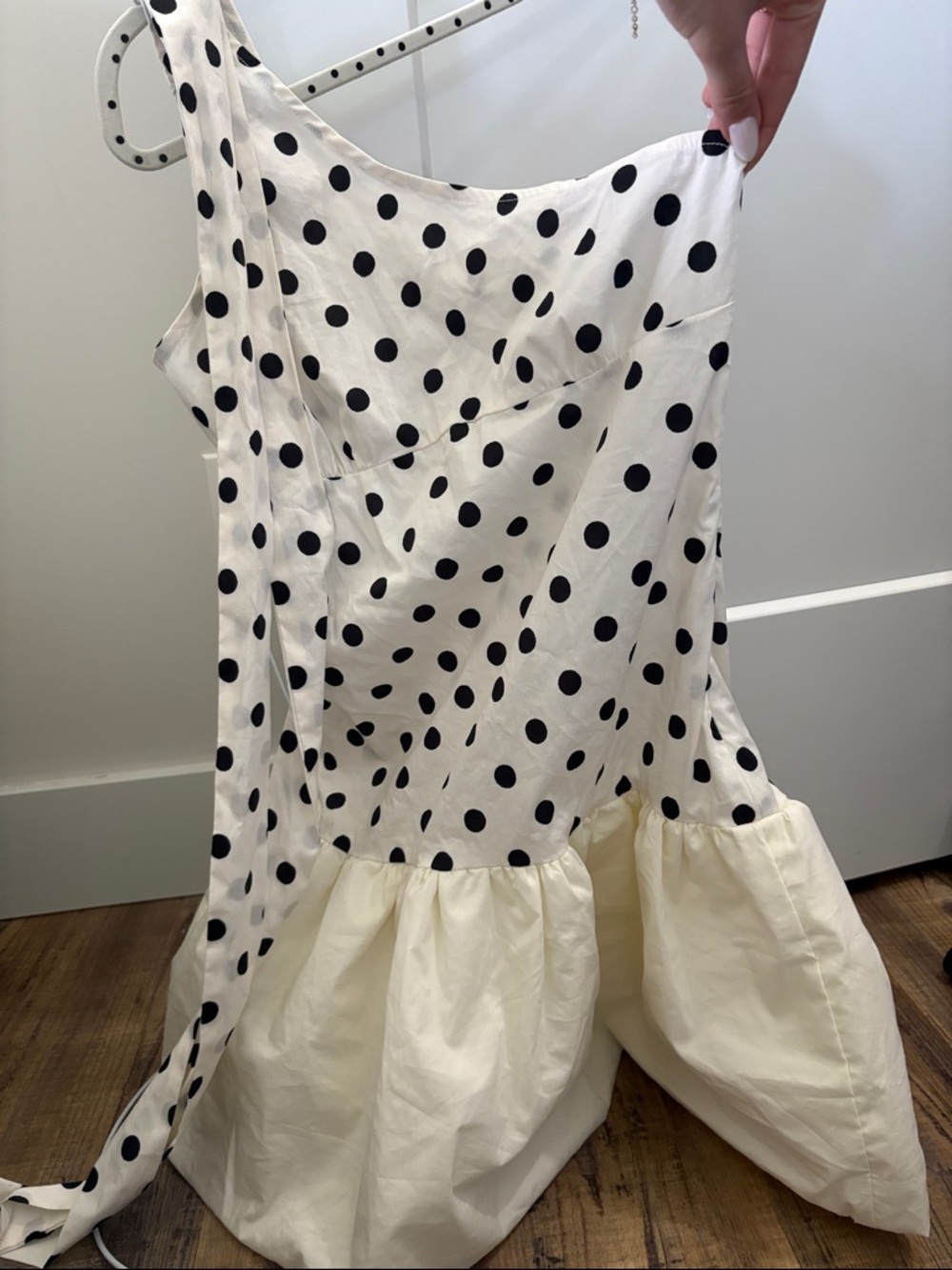 Polka Dot Cream and Black One-Shoulder Dress